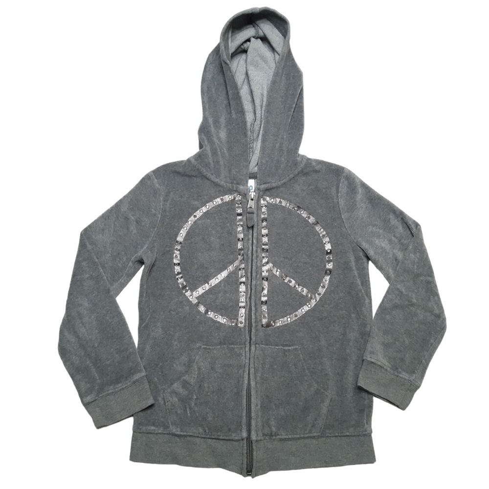 Circo Peace Sign Zip Up Hoodie Girls 6-6X Gray Velour Studded Y2K Retro